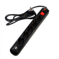 Prelungitor Spacer PP-5-18B-USB, USB 2.1 Quick Charge x 2, Schuko x 5, cablu 1.8m, 16A, protectie copii, protectie supratensiune, negru